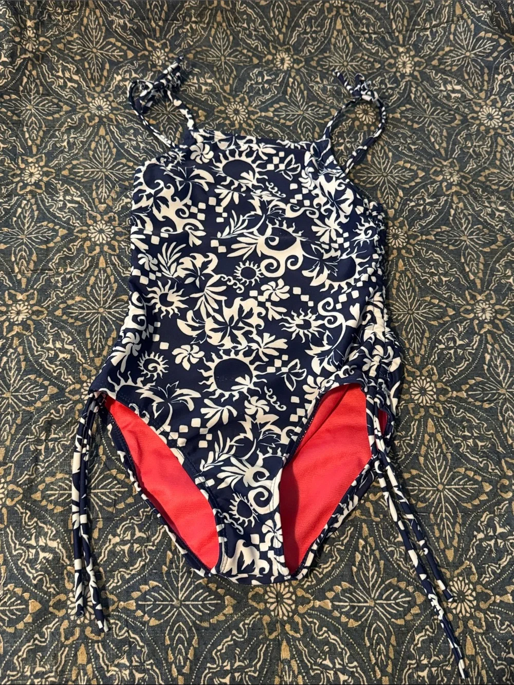 Girls Feather 4 Arrow Navy Floral One-Piece Swimsuit - size 8